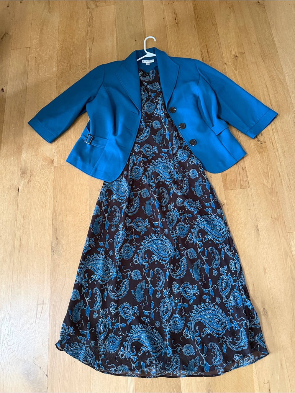 Studio I Teal Jacket with Brown Paisley Dress